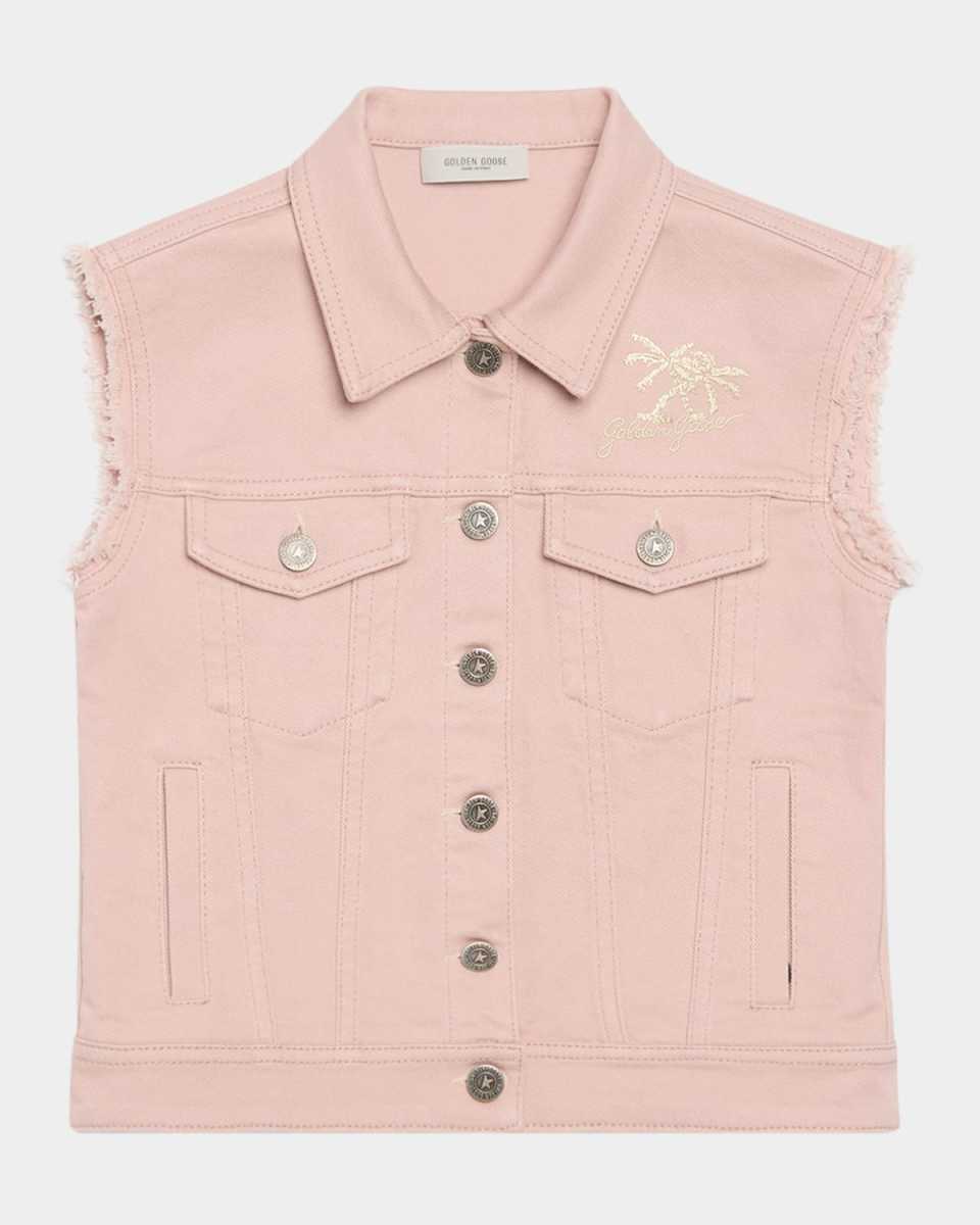 Girl's Journey Sleeveless Denim Jacket with Embroidery, Size 4-12